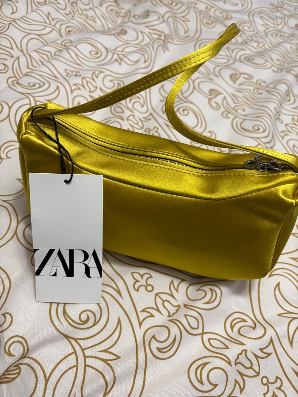 ZARA Metallic Satin Shoulder Bag in Bright Yellow